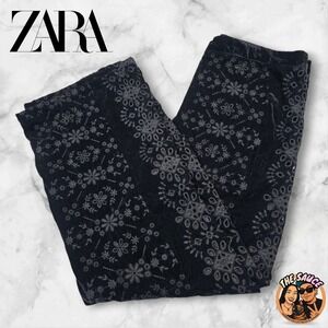 ZARA Black Velvet Embroidered Wide Leg Pull On Pants Women's XXL Whimsygoth Goth